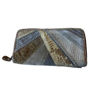 Fossil Brown Leather Wallet With Animal Print Skins On Front Zip Around 8” Wide